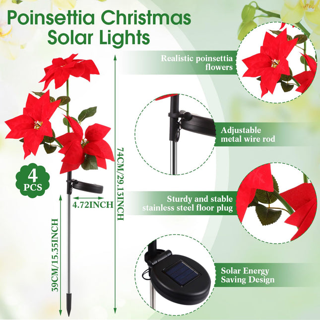 VIHOSE 4 Pieces Christmas Solar Poinsettia Stake Flowers Lights Waterproof Trees Pathway Lights Poinsettia Garden LED Lights Outside Decorations for Pathway Yard Garden Lawn Outdoor Decorative