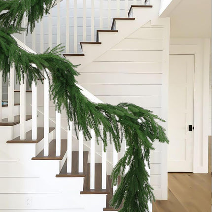 2 Pcs Christmas Norfolk Pine Garlands, Real Touch Pine Garland, Artificial Greenery Garland for Christmas Table Wall Fireplace Mantle Outdoor Decoration