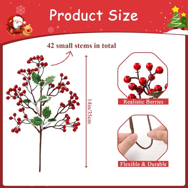 SHACOS 6pcs 14" Red Berry Stems Christmas Holly Berry Branches Green Leaves Stems for Vases Red Berry Picks Xmas s Christmas Tree Decoration Wreath Ornaments DIY Crafts Holiday Home Decor