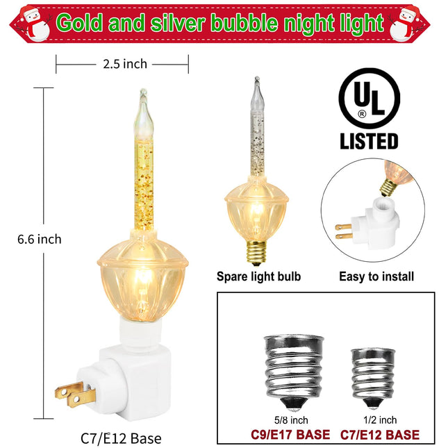 Christmas Bubble Light Night Lights, 2 Vintage Clear Bubble Light Bulb with Silver Glitter and Gold Glitter Fluid 5W C7/ E12 Candelabra Base, 1 Pack