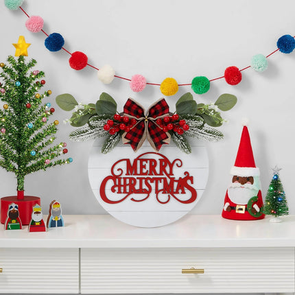 CHDITB Cute Merry Christmas Wooden Front Door Wreath(11.4”x11.4”), Farmhouse 3D Christmas Decor Hanging Sign with Red Plaid Bow Berries Mistletoe, Housewarming for Xmas Winter Holiday Year