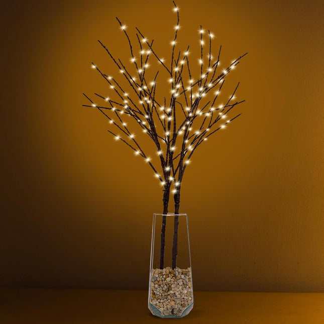 2 Pack Lighted Brown Willow Branches for Vases, 32IN 100 LED Artificial Tree Branches Lights with Timer, Plug in Lighted Brown Twig Branches for Home Fireplace Christmas Party Decoration