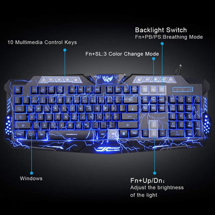 Gaming Keyboard and Mouse,USB Wired Backlit Gaming Mouse and Keyboard Combo,Letters Glow, 3 Color Crack Backlit,Illumination Keyboard and Mouse Set for Game and Work