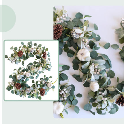 TEMPUS White Pumkin Garland 5.9Ft Artificial Eucalyptus Garland with Pumpkins Pine Cones Lamb Ear Leaves Garland for Wedding Arch Backdrop Thanksgiving Table Farmhouse Decor