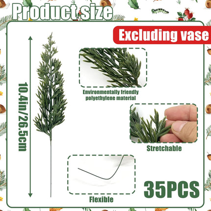 CIEOVO 60 Pcs Christmas Artificial Pine Branches with Red Berry Stems, Faux Evergreen Norfolk Pine Cypress Leaves Stems- Fake Foliage Pine Needles Picks for DIY Wreath Xmas Garlands Home Decoration