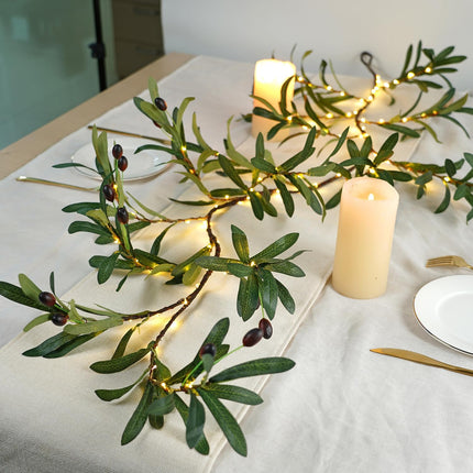 BOHON Greenery Garland Lighted Olive Branches 6FT 96 LEDs Fairy Lights Battery Operated with Timer, Artificial Olive Green Vine with Lights, Mantel Decorations for Fireplace Wall Tree Christmas Decor