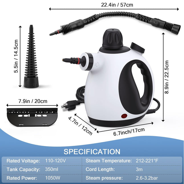 Handheld Steam Cleaner, Steam Cleaner For Home With 10 Accessory Kit, Multipurpose Portable Upholstery Steamer Cleaning With Safety Lock To Remove Grime, Grease, And More, White
