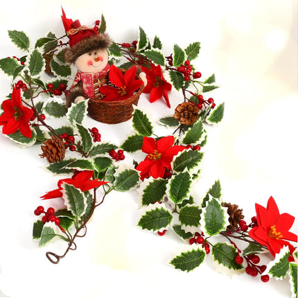 BLEUM CADE Christmas Decorations Garland - 6.3Ft Artificial Christmas Garland for Mantle, Holly Red Berry Garland with Poinsettia and Pine Cones for Xmas Tree Fireplace Indoor Outdoor Home Decor
