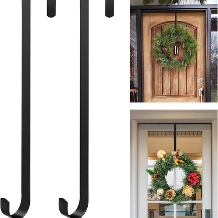 2 Pack 15” Wreath Door Hanger, Wreath Hooks for Front Door 40lb Load-Bearing, Metal Wreath Hanger for Welcome Sign Christmas Halloween Easter Decor (Black)