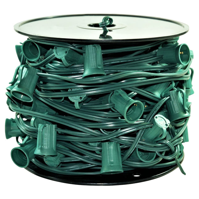 100 Feet C9 Christmas Spool Green Wire with Socket Stringer Bulk Reel, 12" Spacing, Intermediate Base (C9/E17), SPT-1 (100, 100Ft)