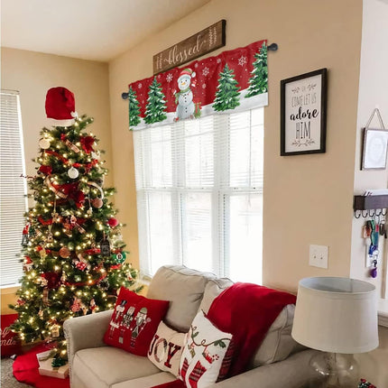 ALAGEO Christmas Snowman Valances Windows Curtain Xmas Tree Kitchen Valances Rod Pocket White Snowflake Red Background Short Topper Curtains for Holiday Christmas Decorations 1 Panel,54 by 18 inches