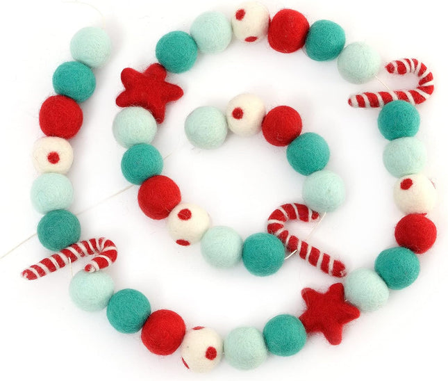 Glaciart One Stars and Candies Felt Ball Garland - Pompom Holiday Decoration Hand-Made from Natural Wool - Cute Hanging Decor for Christmas Tree, Kids Bedroom, Living Room, Nursery - 7 Feet Long