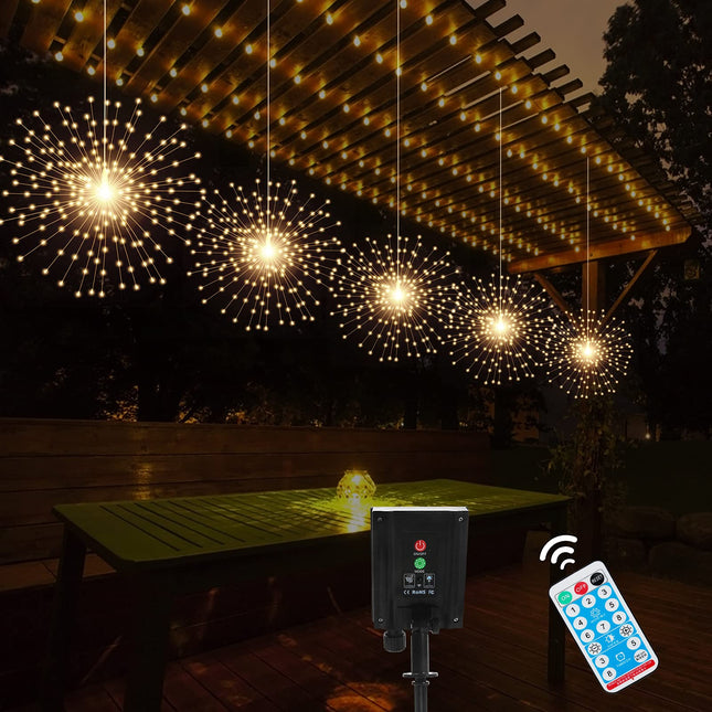 5 Pack Solar Starburst Sphere Lights,200 LED Firework Lights, 8 Modes Dimmable Waterproof Hanging Fairy Light, Copper Wire Lights for Patio Parties Christmas (Warm White)