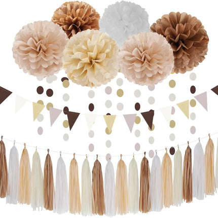 Boho Baby-Shower White-Brown Champagne Party-Decorations - 28pcs Neutral Birthday Wedding Bridal Tissue Pom Poms Streamers, Fall Autumn Christmas Tassel Garland Banner, Engagement Decor Ouruola