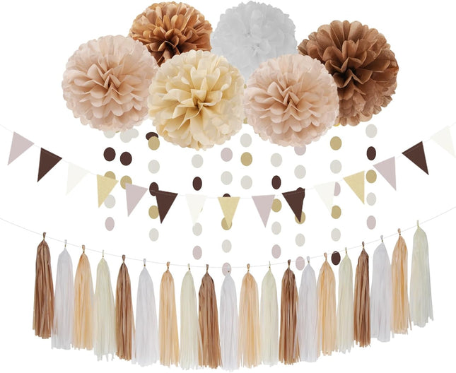 Boho Baby-Shower White-Brown Champagne Party-Decorations - 28pcs Neutral Birthday Wedding Bridal Tissue Pom Poms Streamers, Fall Autumn Christmas Tassel Garland Banner, Engagement Decor Ouruola
