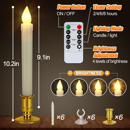 Christmas Window Flameless Candles Lights - 2-in-1 LED Brightness Adjustable Candle with Timer, Removable Candlestick, Suction Cup, Xmas Lamps Decoration 6 Pack
