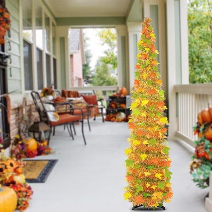 5FT Fall Pop Up Tree with 60 Lights, Lighted Fall Artificial Tinsel Maple Trees, Battery Operated with Timer Collapsible Tinel Maple Tree Fall Harvest Thanksgiving Porch Home Party Decor