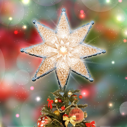 Star Christmas Tree Topper, 8" Lighted Double-Sided Star Treetop, 8-Point Star Xmas Tree Topper with 10 Warm White Lights, 120V UL