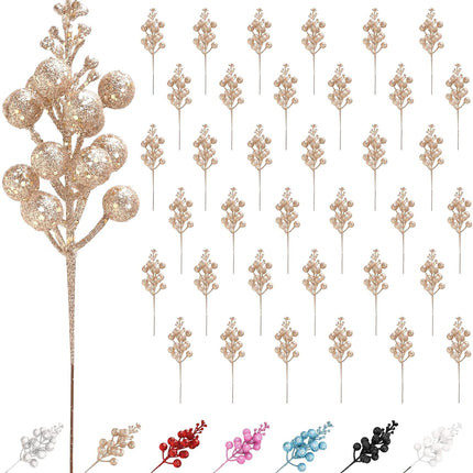 Champagne Gold Ornaments for Christmas Tree Decorations,36 Pack Christmas Tree Picks, Artificial Glitter Berries Stems, Champagne Gold Christmas Tree Stems for Christmas Tree Topper, Filler, Wreath