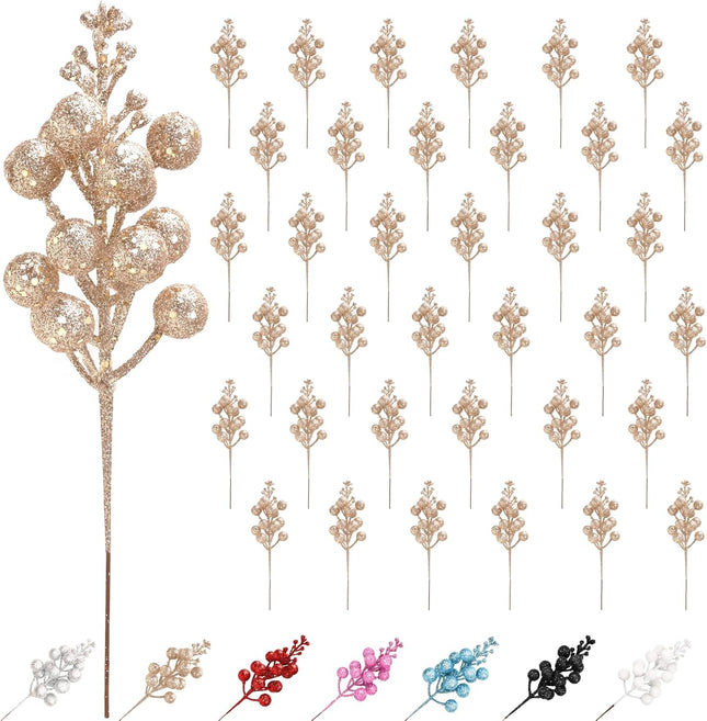 Champagne Gold Ornaments for Christmas Tree Decorations,36 Pack Christmas Tree Picks, Artificial Glitter Berries Stems, Champagne Gold Christmas Tree Stems for Christmas Tree Topper, Filler, Wreath