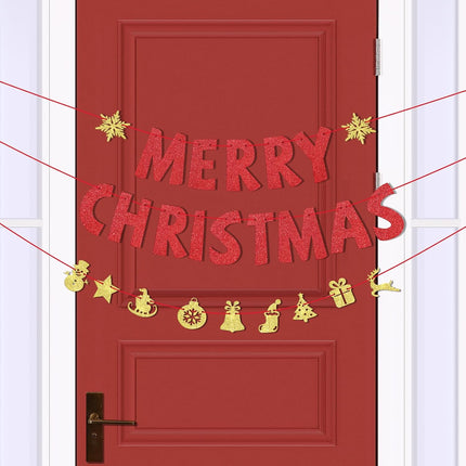 Set of 3 Pre-Strung Merry Christmas Banner Merry Christmas Garland Glitter Xmas Sign Inside Hanging Decor Outdoor Indoor Decoration for Home Holiday Party Supplies Porch(Red, Gold)