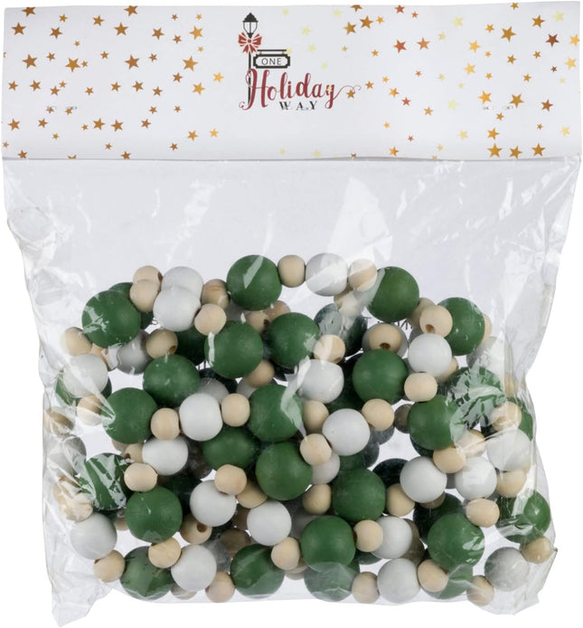 One Holiday Way 9-Foot Rustic Matte Green, White and Unfinished Wood Bead Garland Christmas Tree Decoration - Decorative Vintage Wooden Beads for Everyday Chic Winter Farmhouse Xmas Party Home Decor