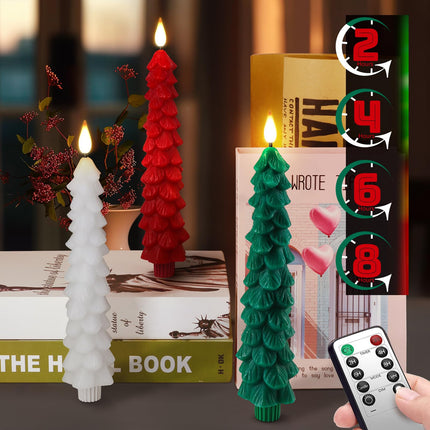 PChero Christmas Tree Candles with Remote Timer, 3 Pack 9.7 Inches Real Wax Flameless Window Candles Battery Operated Taper Candle Sticks for Xmas Fireplace Holiday Party Home Room Decor