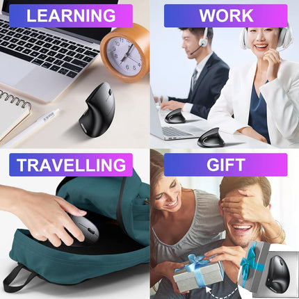 Ergonomic Mouse Wireless,Ergo Mouse Vertical Mouse 6 Buttons 3 Adjustable DPI 1000/1200/1600 Levels,Sideways Mouse Right Handed for PC Laptop（Battery Black
