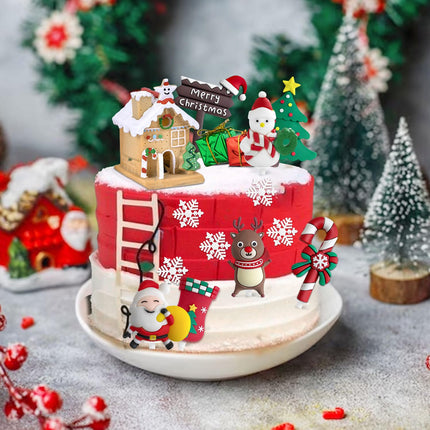 Christmas Cake Topper, Merry Christmas Cake Decorations Christmas Cake Toppers with Craft Xmas Tree Santa Reindeer Cake Decoration Christmas Party Cake Supplies for Christmas Holiday