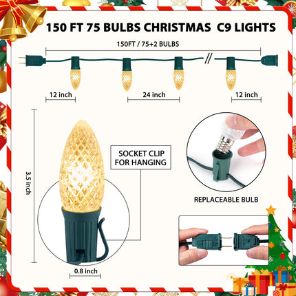 Minetom C9 LED Commercial Outdoor Christmas Lights – 150 FT Heavy Duty Christmas String Lights, Waterproof Connectable UL Warm White C9 Lights for Indoor Roofline Xmas Decor