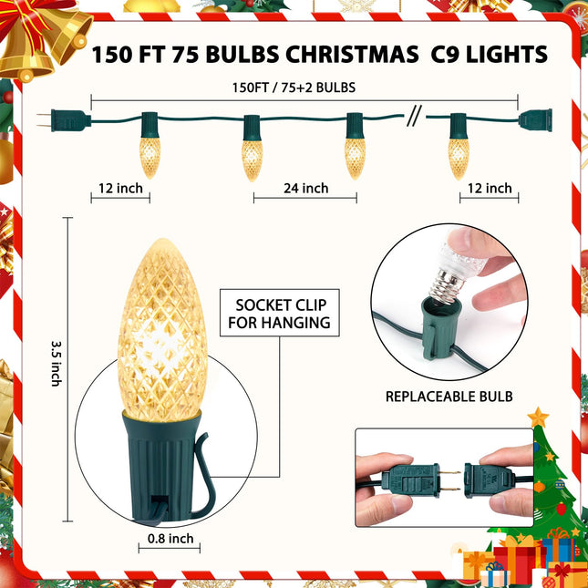 Minetom C9 LED Commercial Outdoor Christmas Lights – 150 FT Heavy Duty Christmas String Lights, Waterproof Connectable UL Warm White C9 Lights for Indoor Roofline Xmas Decor
