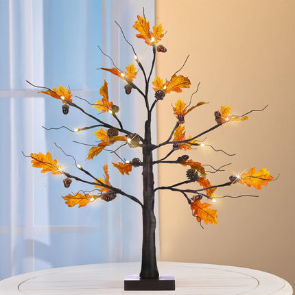 Fall Lighted Maple Tree, 24” Battery Operated Artificial Fall Foliage Tree Lights with 24 Warm White LED Timer for Thanksgiving Autumn Harvest Home Tabletop Indoor Decorations