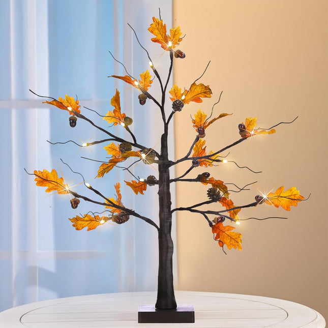 Fall Lighted Maple Tree, 24” Battery Operated Artificial Fall Foliage Tree Lights with 24 Warm White LED Timer for Thanksgiving Autumn Harvest Home Tabletop Indoor Decorations
