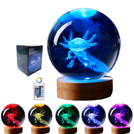axolotl lamp,3.15 inch 3D K9 Crystal Ball Axolotl Night Light with Wooden Base,16 colors change,remote control,color box,Birthday Christmas axolotl