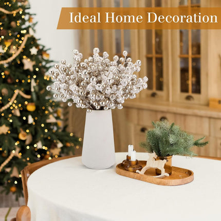 Censen 50 Pieces Artificial Holly Berry Stem Picks with Snowflake Frosted Christmas Tree Branches Fillers Ornaments Snowy Berry Twig Branches for Xmas Garland Wreath Winter Home Decor (Champagne)