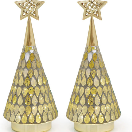 Gold Mosaic Glass Christmas Tree with Star, 2 PCS Small Tabletop Christmas Trees with Light, Battery Operated Xmas Tree for Mantel Decor 11"