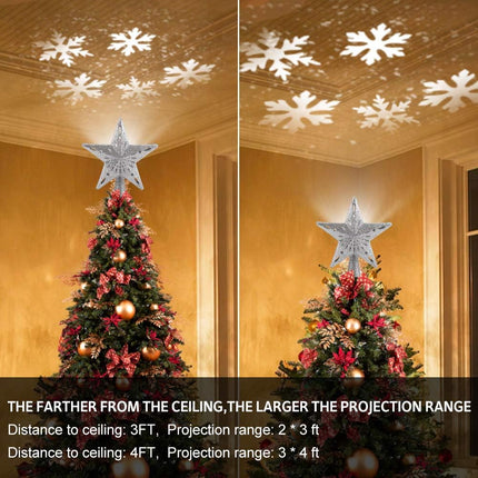 BLOOMWIN Christmas Tree Topper Lighted with Snowflake Projector, LED Rotating Hollow Snowflake, 3D Glitter Lighted Silver Snow Tree Topper for Xmas Tree Festival Decorations Lights