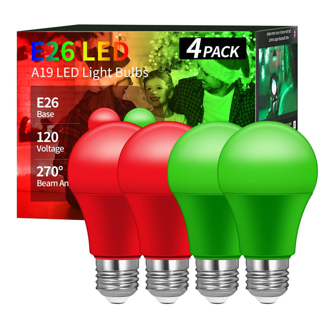 Red Light Bulbs Green Light Bulbs, [4 Pack] A19 LED Red and Green Bulbs, Christmas Light Bulbs, 60W Equivalent 9W, E26 Red Green Porch Light Bulb Outdoor for Christmas, Party, Home Lighting