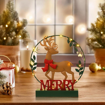 Christmas Decorations for Home Led Lighted Christmas Wreath Elk Decor Merry Christmas Sign Wooden Rustic Farmhouse Tabletop Block Xmas Party Holiday Signs