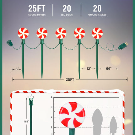 SURAIELEC Christmas Lollipop Pathway Lights Outdoor, 25FT Set of 20 LED Peppermint Candy Lights with Stakes, Connectable Waterproof Walkway Lights for Lawn, Driveway, Yard, Christmas Tree, UL Listed