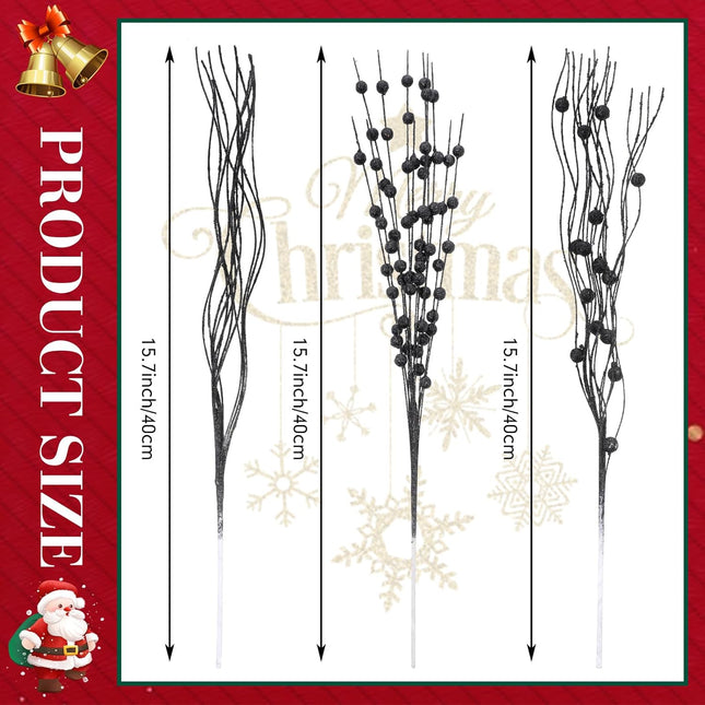 Libima 36 Pcs Christmas Tree Picks Artificial Glitter Berry Stem Ornaments 15.7 Inch Bead Sticks Pick Decorations Glittery Twigs for Xmas Tree Topper Wreath Vase Filler Home Decor (Black)