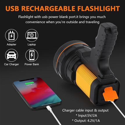 GEPROSMA Super Bright Most Powerful Cordless Handheld Spotlight High 6000 Lumens Rechargeable Big LED Flashlight, Large Searchlight Long Lasting Long Range