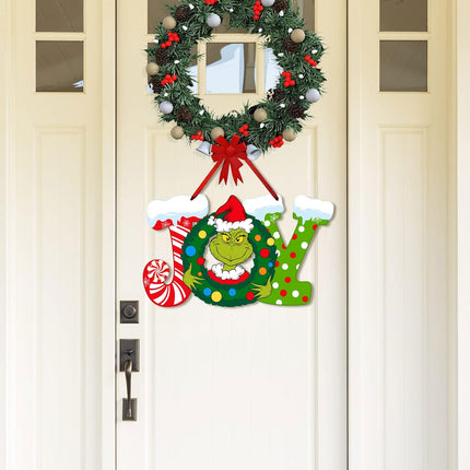 Christmas Joy Wooden Door Sign Decorations Wood Joy Xmas Wreath Hanging Signs Christmas Joy Letter Sign for Home Front Door Holidays Christmas Party Supplies