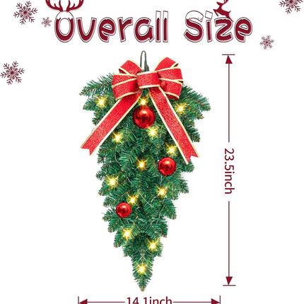 2 Pack Christmas Teardrop Swags Trim, Artificial Pine Swag with Bowknot, Red Berries and Pinecone, Winter Pine Needles Swag Greenery Cedar Swag for Xmas Table Door Decor (Green&Red)