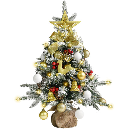 Tabletop Christmas Tree 24 Inch / 2 FT Mini Artificial Christmas Tree with 40 LED Lights, Battery Operated Small Xmas Tree for Indoor Tabletop or Desktop Decoration (White and Gold Ornament Tree)