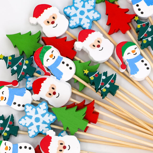 Christmas Cocktail Picks 120Pcs Christmas Food Picks Decorative Toothpicks Santa Snowman Snowflake Appetizers Fruit Skewers Sticks for Appetizers Party Supplies