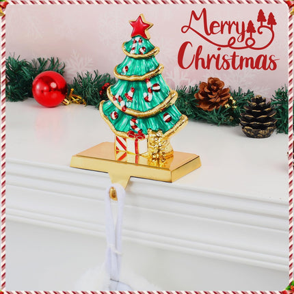 Christmas Tree Stocking Holders for Mantel ,Christmas Wreath Stocking Hangers for Fireplace Mantel Weighted Stocking Hooks Metal Tree Stocking Holder Stand for Christmas Decoration (Gold Tree Set)