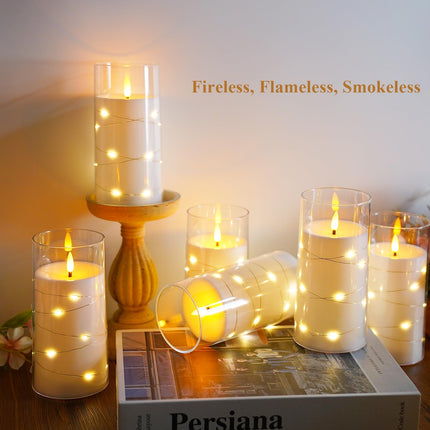 Flickering Flameless Candles with Remote, 6pcs Battery Operated Candles with Embedded String Lights, LED Electric Candles Acrylic Pillar Candles D3 H6, White