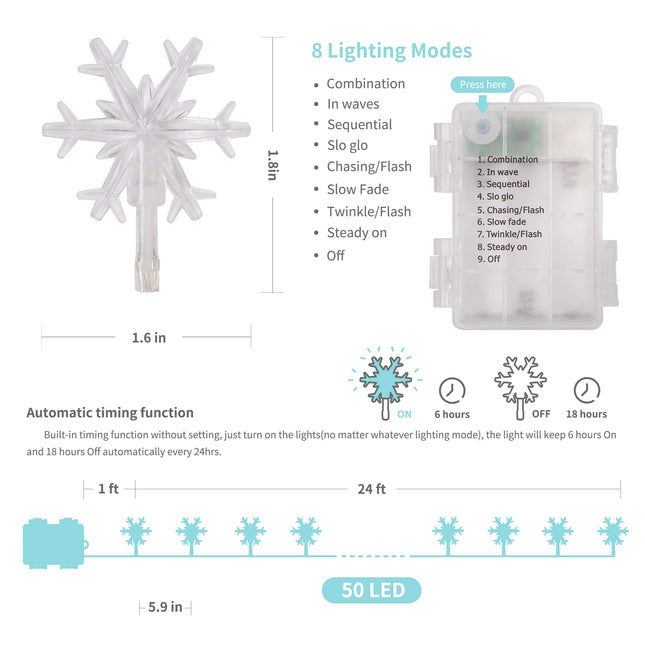 WATERGLIDE 2 Pack Christmas Snowflakes Lights, 50LED 24FT Outdoor Xmas Decorative String Lights, 8 Lighting Modes & Timer, Battery Operated Waterproof for Bedroom Party Garden Home Decor, Cool White