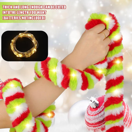 Jutom 50 Ft Christmas Tree Garland Lime Green LED Lighted Faux Fur Ribbon Trim Artificial Furry Stripe Roll Garland for Xmas Holiday Winter Indoor and Outdoor Decoration(Red Green White)
